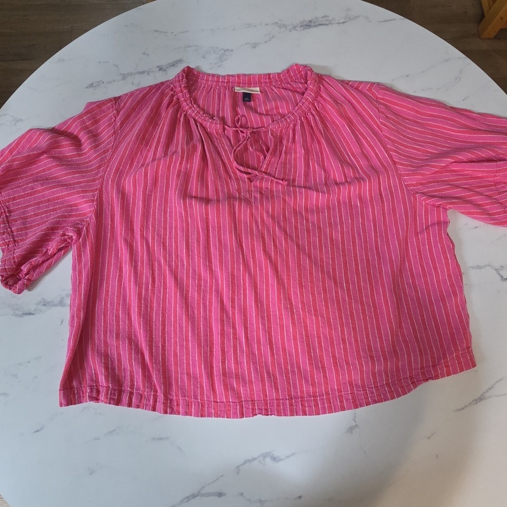 Universal Thread XXL Pink Gray Stripe Linen Blend Peasant Blouse Tie Neck